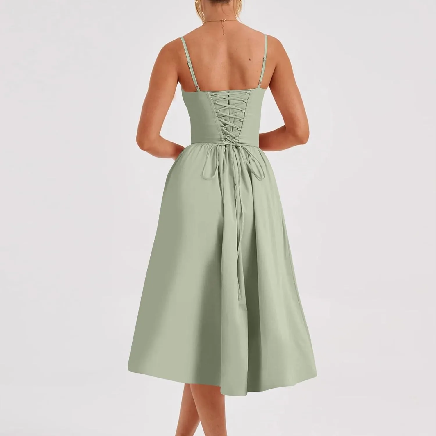 Women's Sweetheart Neck Formal Dresses Ruched Tie Back Sleeveless Hide Tummy Sundress Elegant Leg Length Wrap Midi Dress