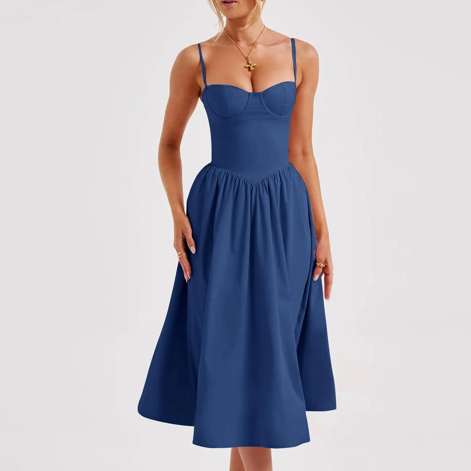 Women's Sweetheart Neck Formal Dresses Ruched Tie Back Sleeveless Hide Tummy Sundress Elegant Leg Length Wrap Midi Dress