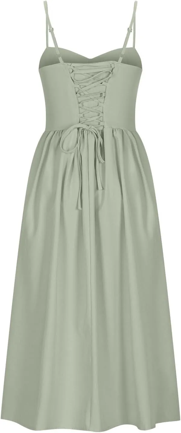 Women's Sweetheart Neck Formal Dresses Ruched Tie Back Sleeveless Hide Tummy Sundress Elegant Leg Length Wrap Midi Dress