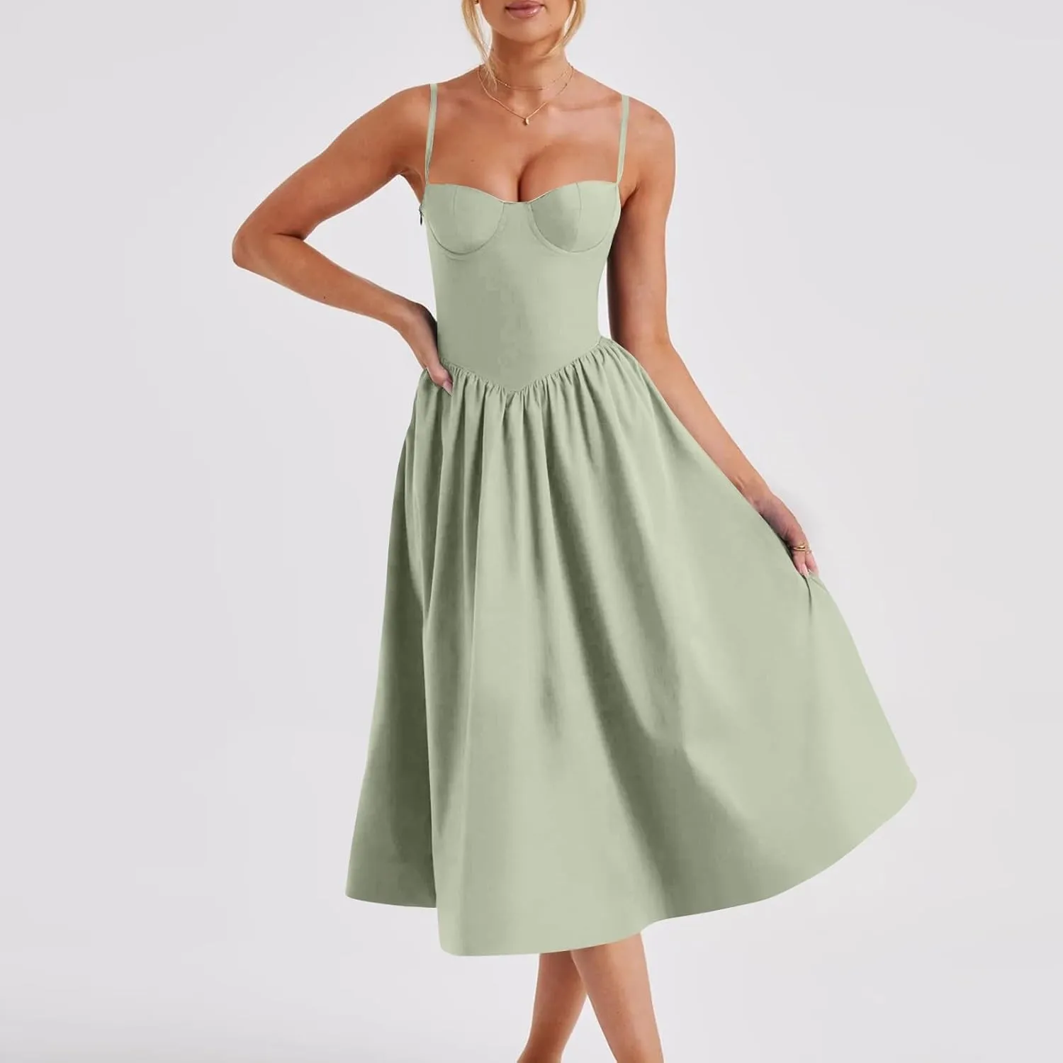 Women's Sweetheart Neck Formal Dresses Ruched Tie Back Sleeveless Hide Tummy Sundress Elegant Leg Length Wrap Midi Dress