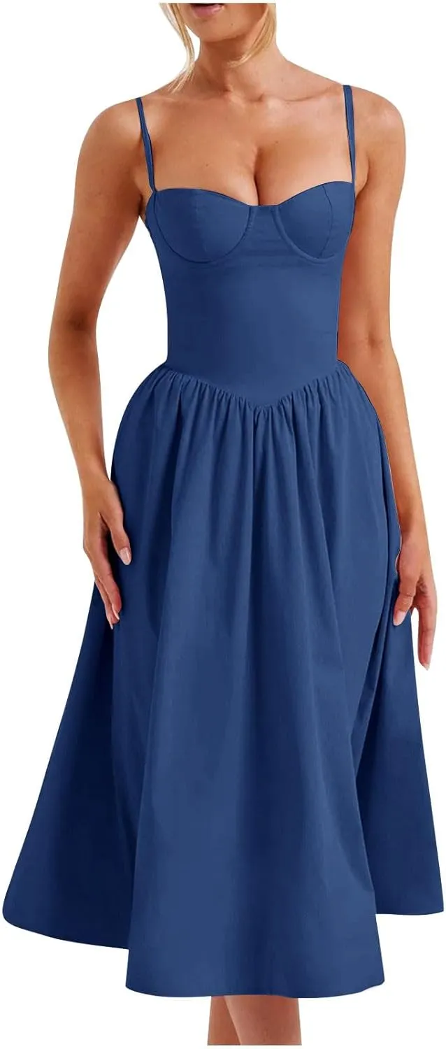 Women's Sweetheart Neck Formal Dresses Ruched Tie Back Sleeveless Hide Tummy Sundress Elegant Leg Length Wrap Midi Dress