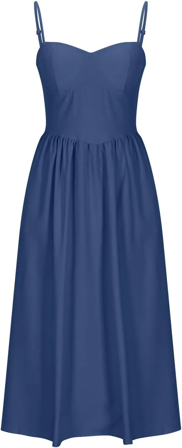 Women's Sweetheart Neck Formal Dresses Ruched Tie Back Sleeveless Hide Tummy Sundress Elegant Leg Length Wrap Midi Dress