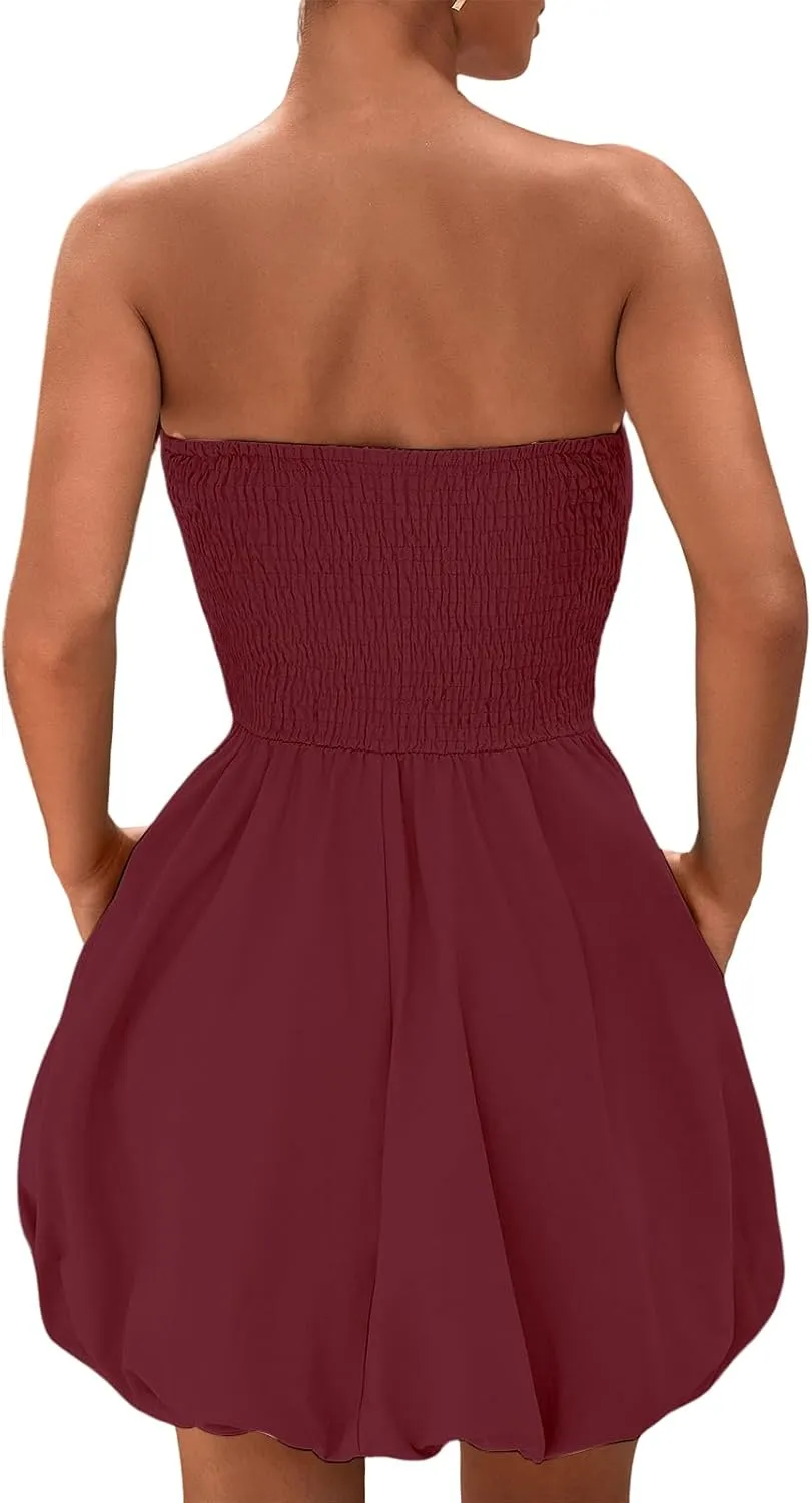Women's Tube Top Dress Summer Casual A Line Sundress Bubble Skirt Short Mini Dresses 2025 Trendy Party Club Dresses
