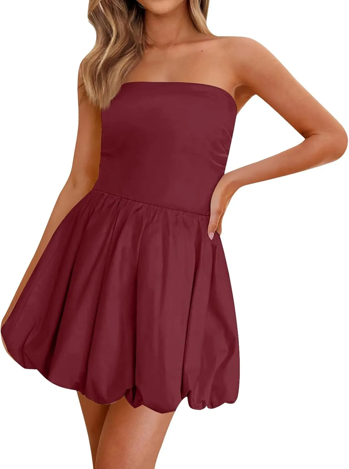 Women's Tube Top Dress Summer Casual A Line Sundress Bubble Skirt Short Mini Dresses 2025 Trendy Party Club Dresses
