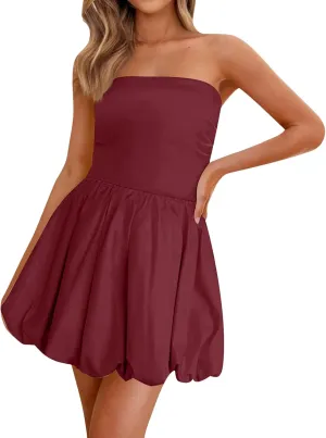Women's Tube Top Dress Summer Casual A Line Sundress Bubble Skirt Short Mini Dresses 2025 Trendy Party Club Dresses