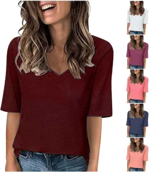 Women's V Neck T Shirts Half Sleeve Tops Casual Solid Summer Tees 2025 Spring Soft Comfy Cute Clothes T-Shirts
