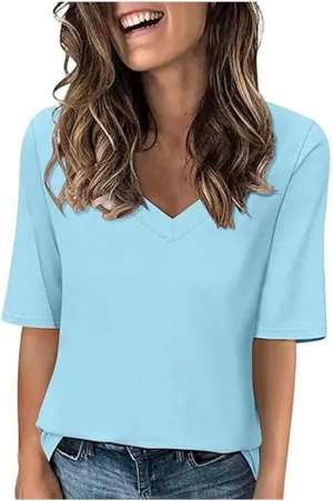 Women's V Neck T Shirts Half Sleeve Tops Casual Solid Summer Tees 2025 Spring Soft Comfy Cute Clothes T-Shirts