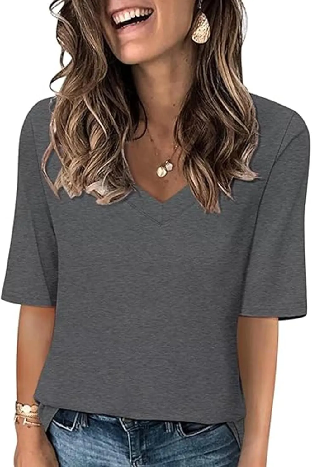 Women's V Neck T Shirts Half Sleeve Tops Casual Solid Summer Tees 2025 Spring Soft Comfy Cute Clothes T-Shirts