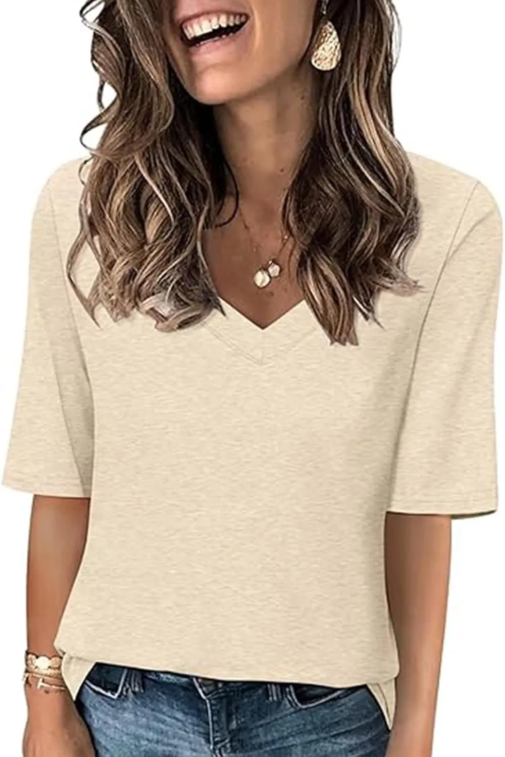 Women's V Neck T Shirts Half Sleeve Tops Casual Solid Summer Tees 2025 Spring Soft Comfy Cute Clothes T-Shirts