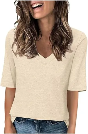 Women's V Neck T Shirts Half Sleeve Tops Casual Solid Summer Tees 2025 Spring Soft Comfy Cute Clothes T-Shirts