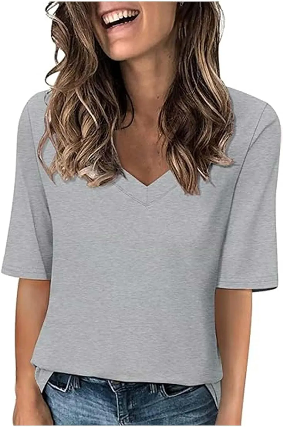 Women's V Neck T Shirts Half Sleeve Tops Casual Solid Summer Tees 2025 Spring Soft Comfy Cute Clothes T-Shirts