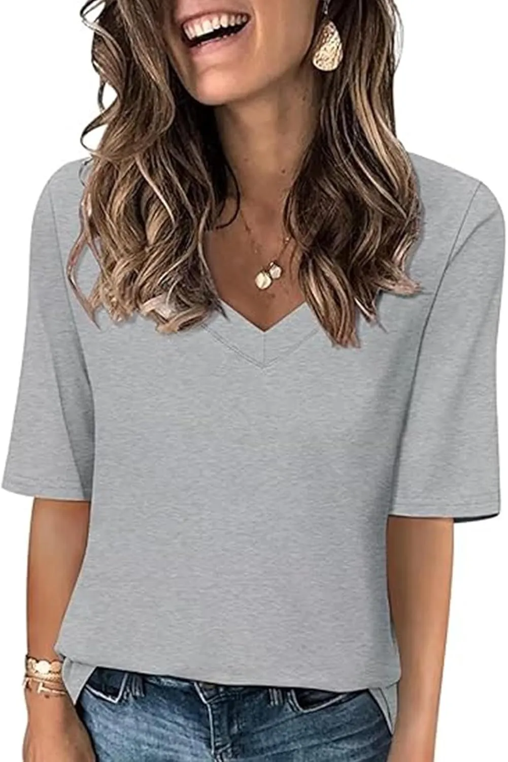Women's V Neck T Shirts Half Sleeve Tops Casual Solid Summer Tees 2025 Spring Soft Comfy Cute Clothes T-Shirts