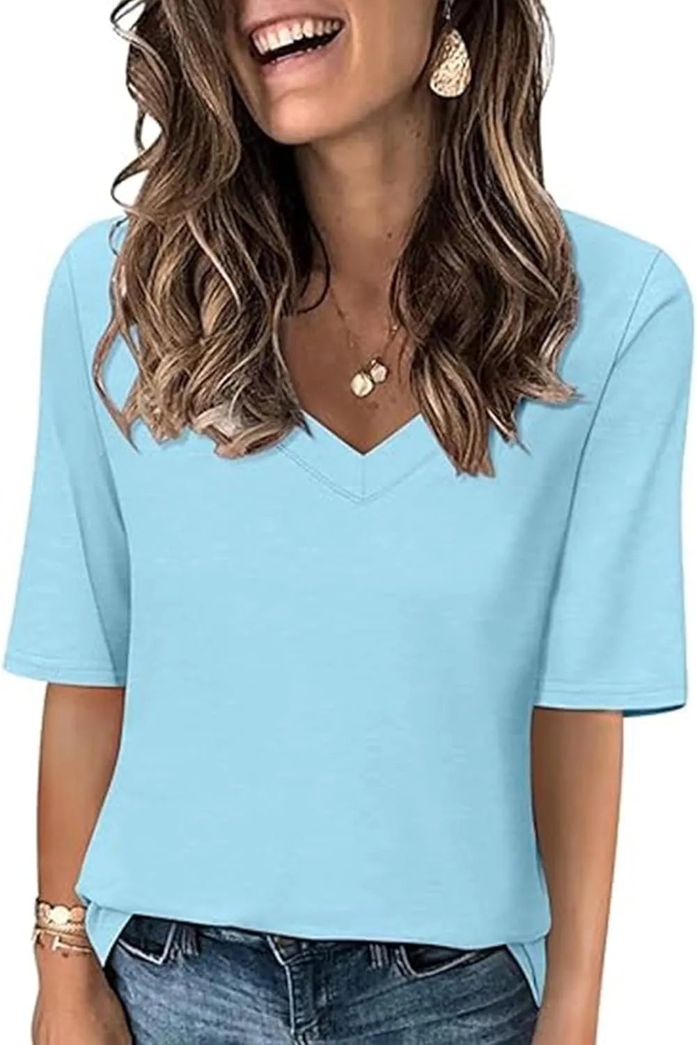 Women's V Neck T Shirts Half Sleeve Tops Casual Solid Summer Tees 2025 Spring Soft Comfy Cute Clothes T-Shirts