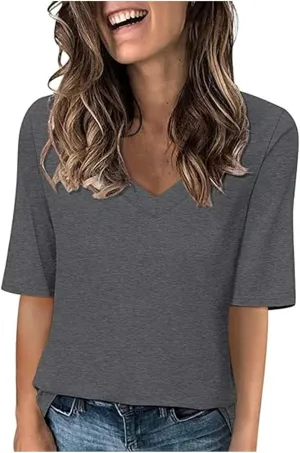 Women's V Neck T Shirts Half Sleeve Tops Casual Solid Summer Tees 2025 Spring Soft Comfy Cute Clothes T-Shirts
