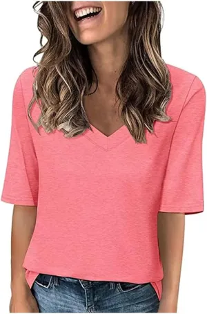 Women's V Neck T Shirts Half Sleeve Tops Casual Solid Summer Tees 2025 Spring Soft Comfy Cute Clothes T-Shirts
