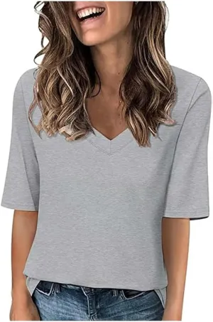 Women's V Neck T Shirts Half Sleeve Tops Casual Solid Summer Tees 2025 Spring Soft Comfy Cute Clothes T-Shirts