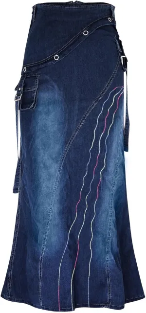 Womens Vintage Frayed Aline Fishtail Maxi Denim Skirt Distressed High Waist Wave Hem Zipper Jean Skirts with Pocket