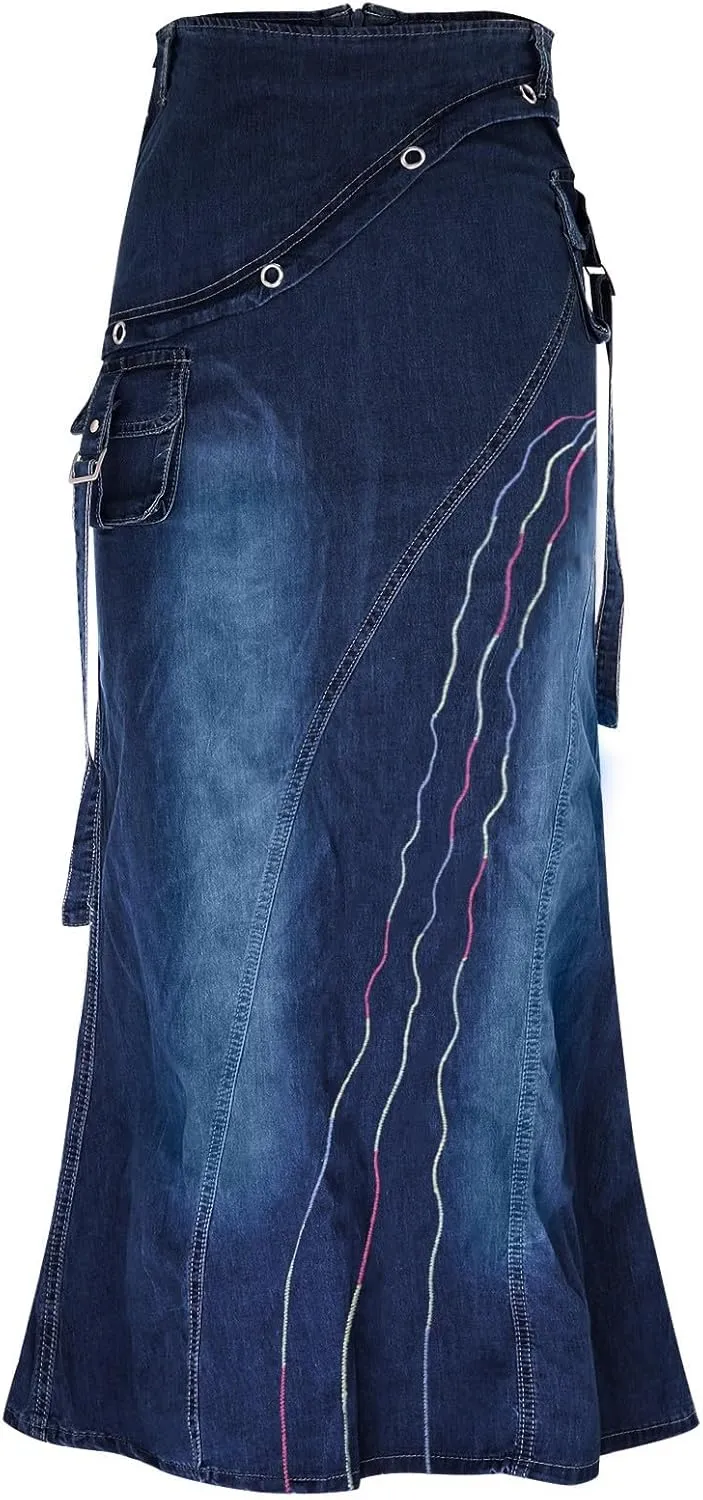 Womens Vintage Frayed Aline Fishtail Maxi Denim Skirt Distressed High Waist Wave Hem Zipper Jean Skirts with Pocket