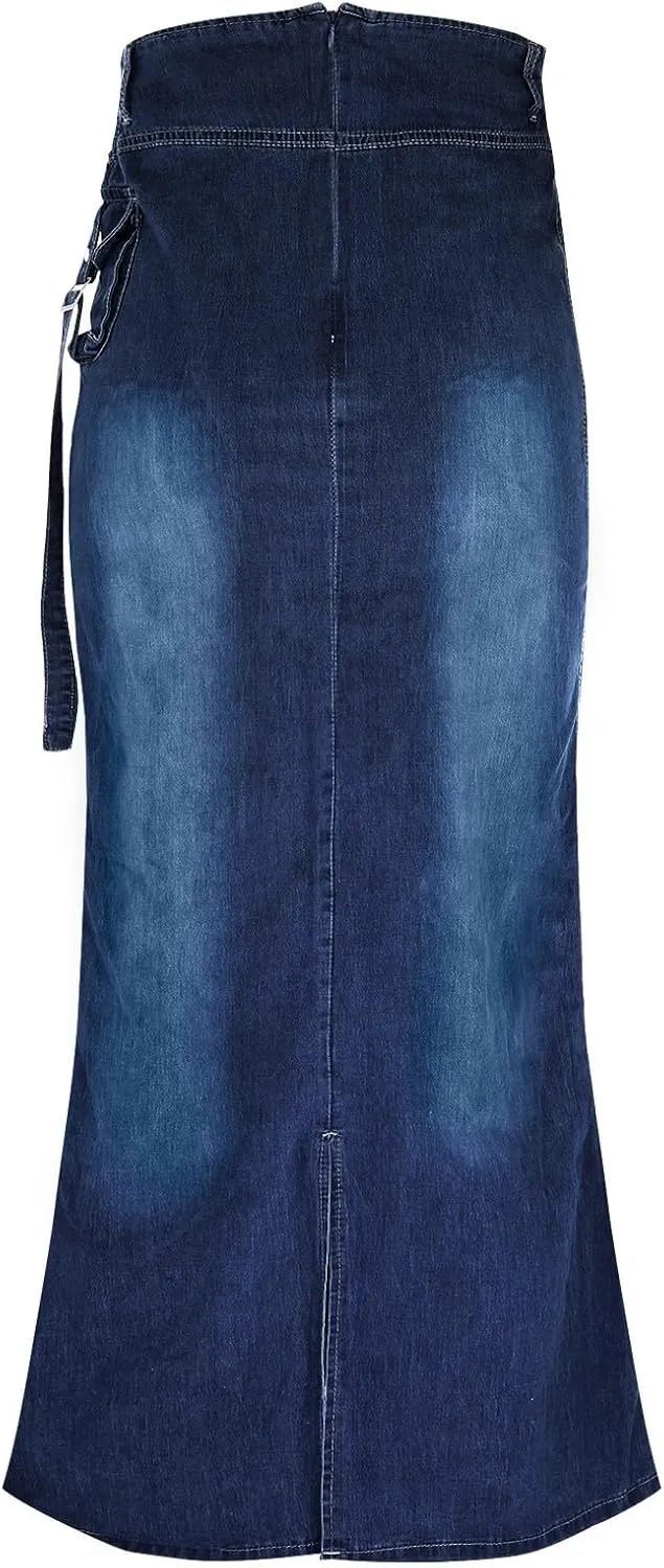 Womens Vintage Frayed Aline Fishtail Maxi Denim Skirt Distressed High Waist Wave Hem Zipper Jean Skirts with Pocket