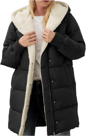 Women's Winter Down Jackets Sherpa Lined Long Puffer Jacket Button Down Zip Up Hooded Coats Thicken Warm Outwear Coat