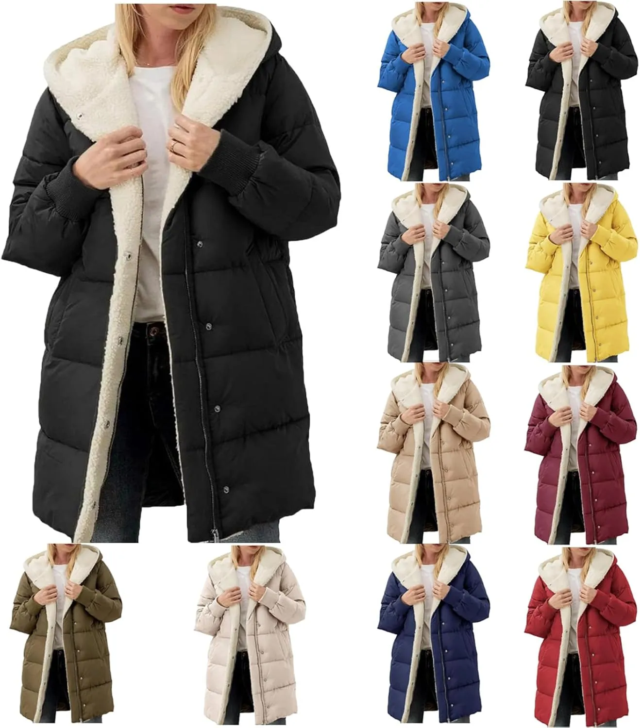 Women's Winter Down Jackets Sherpa Lined Long Puffer Jacket Button Down Zip Up Hooded Coats Thicken Warm Outwear Coat