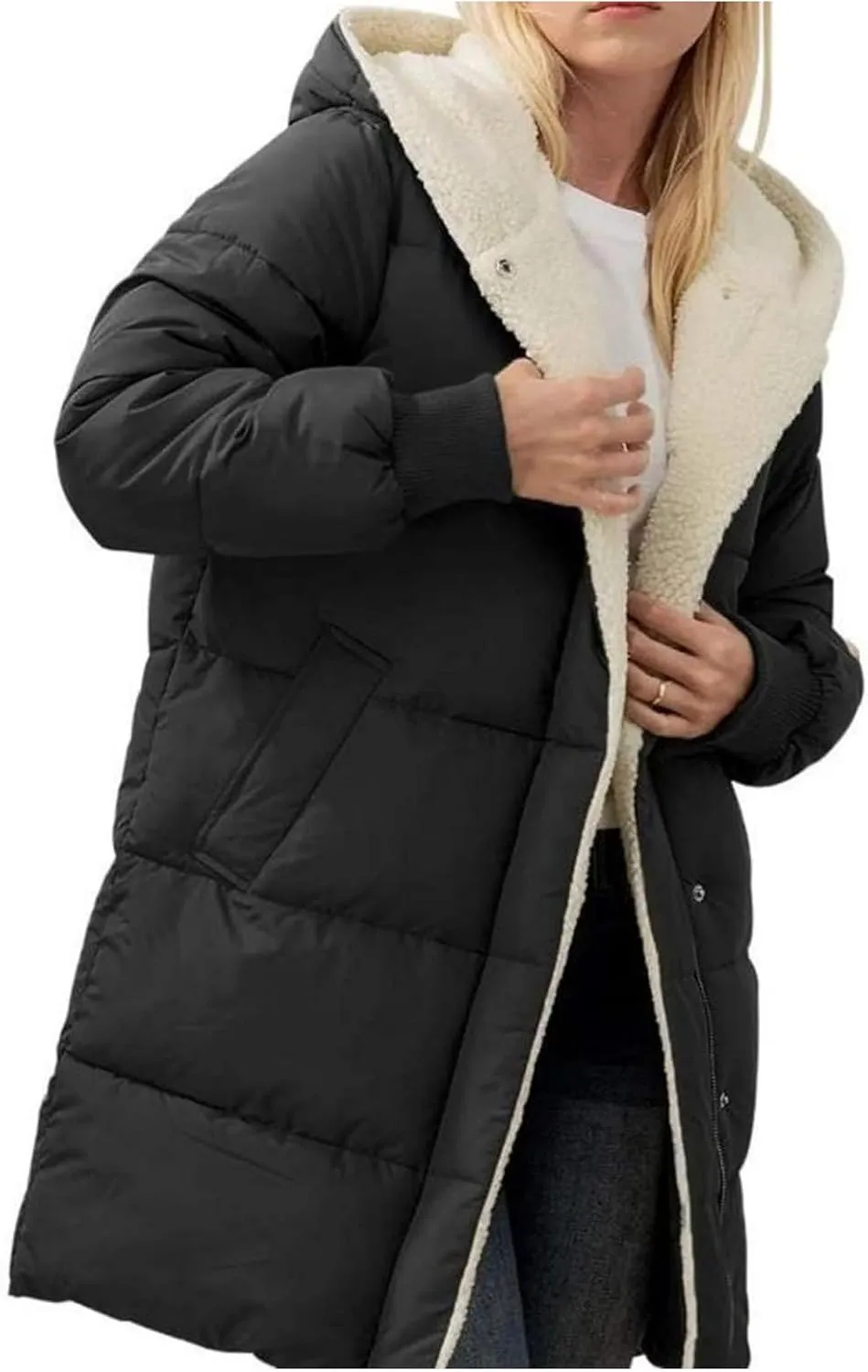 Women's Winter Down Jackets Sherpa Lined Long Puffer Jacket Button Down Zip Up Hooded Coats Thicken Warm Outwear Coat