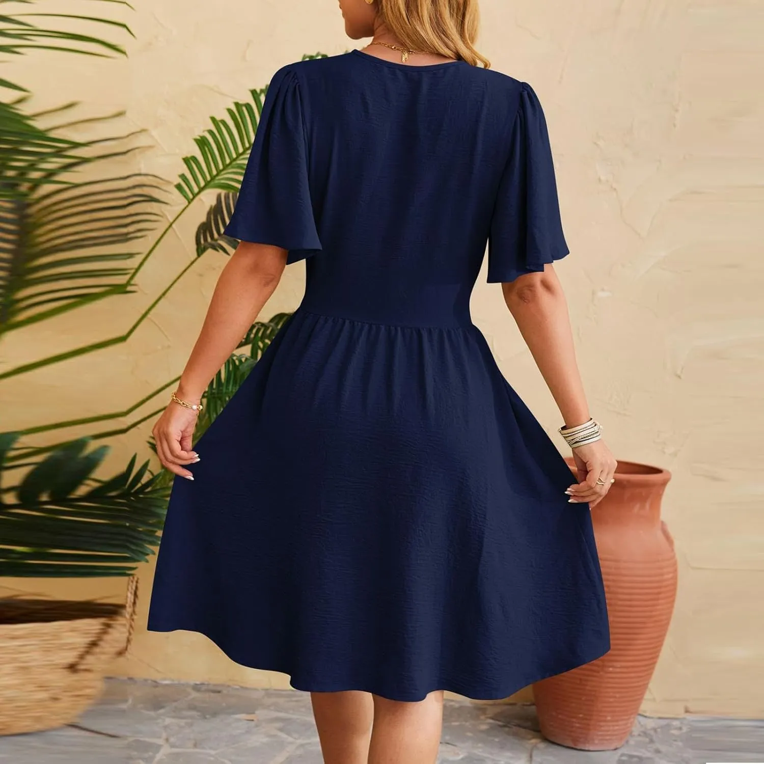 Women's Wrap V-Neck Midi Dress Ruffle Short Sleeve Boho Summer Beach Dress Flowy Pleated Wedding Guest Dresses