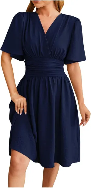 Women's Wrap V-Neck Midi Dress Ruffle Short Sleeve Boho Summer Beach Dress Flowy Pleated Wedding Guest Dresses