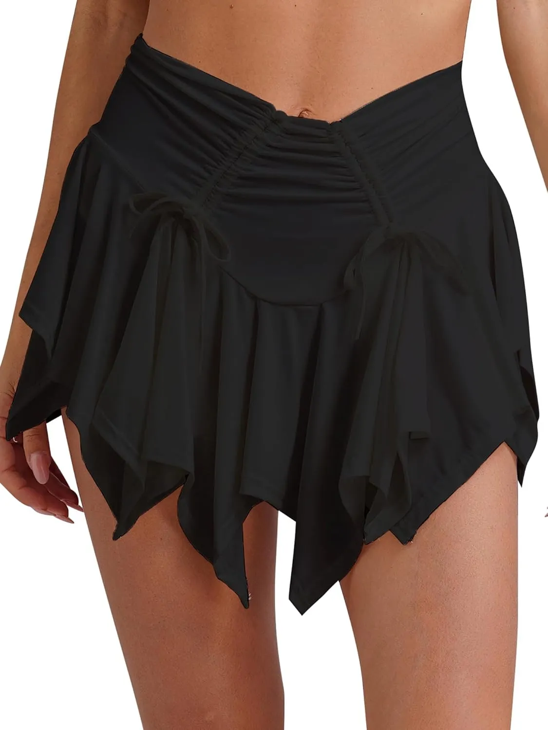 Women's Y2K Punk Irregular Hem Pleated Mini Skirt High Waist Tie-Up Drawstring Ruched Skirt