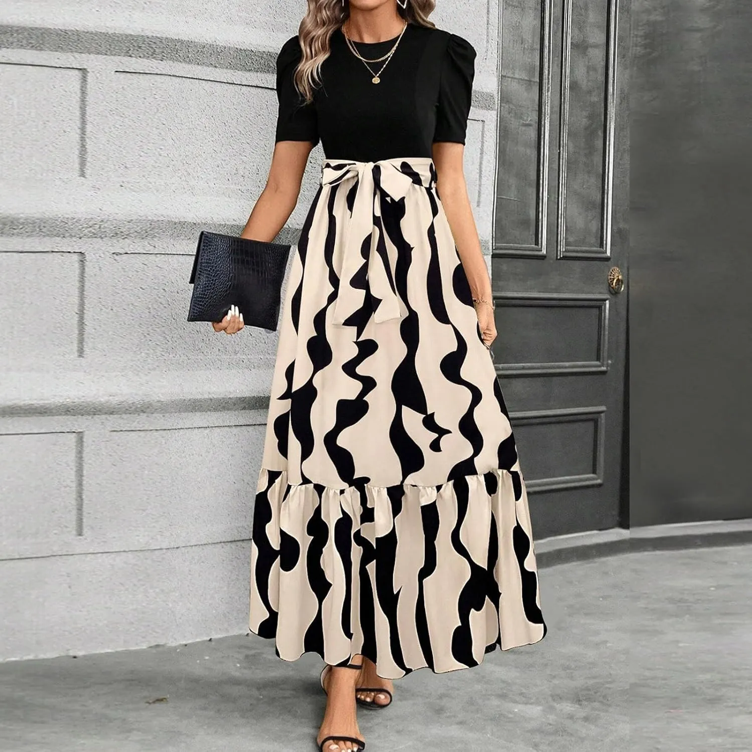Work Dresses for Women 2025 Elegant Classy Summer Empire Waist Short Sleeve A Line Dress Wedding Guest Wrap Sundress