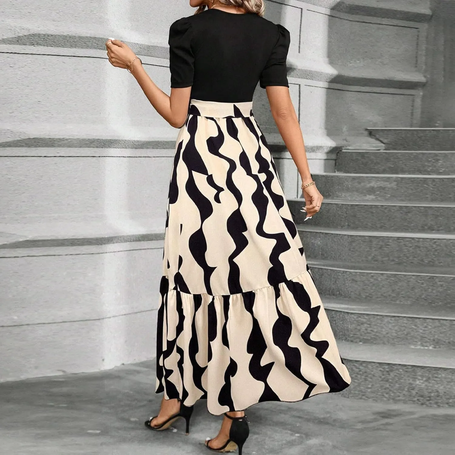 Work Dresses for Women 2025 Elegant Classy Summer Empire Waist Short Sleeve A Line Dress Wedding Guest Wrap Sundress