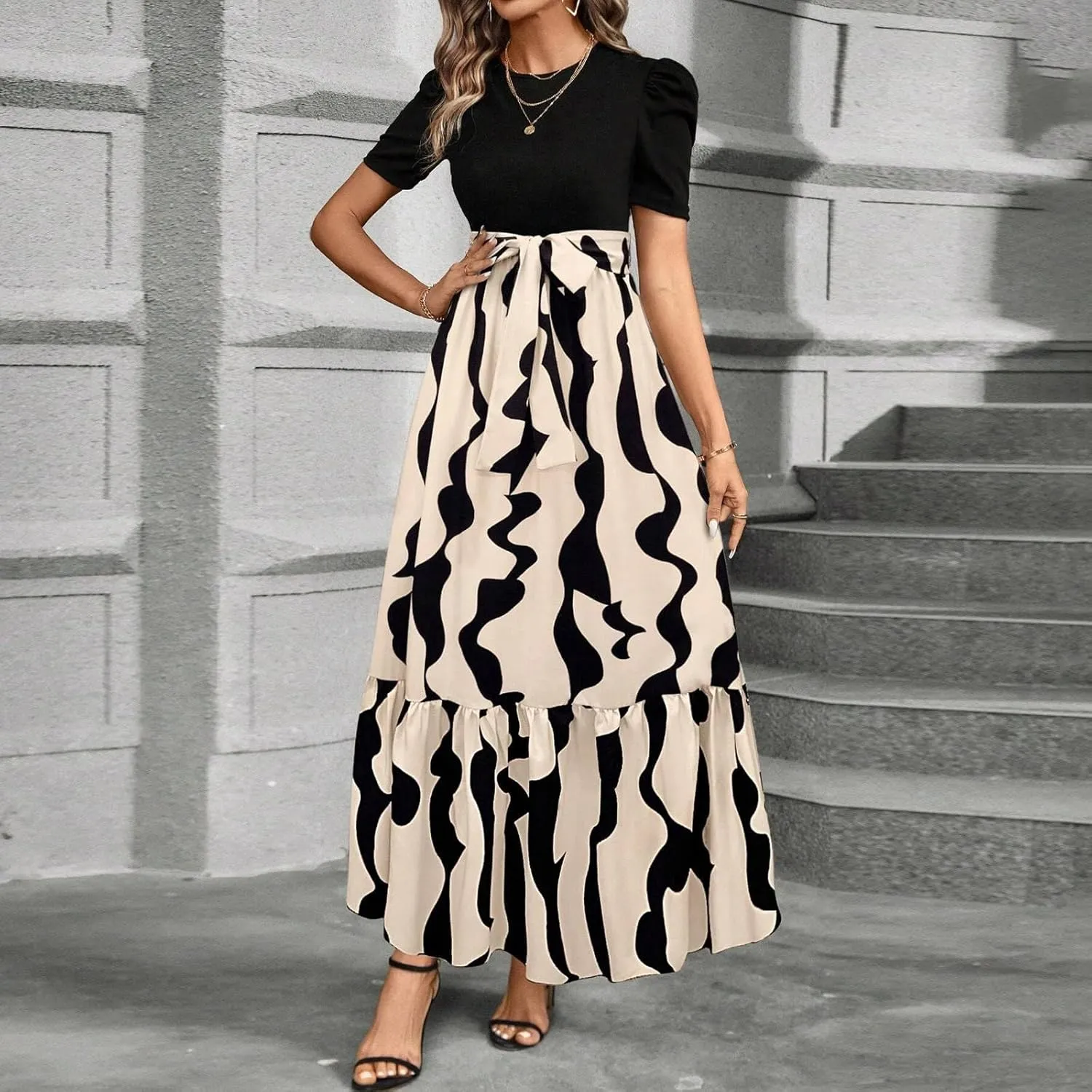 Work Dresses for Women 2025 Elegant Classy Summer Empire Waist Short Sleeve A Line Dress Wedding Guest Wrap Sundress