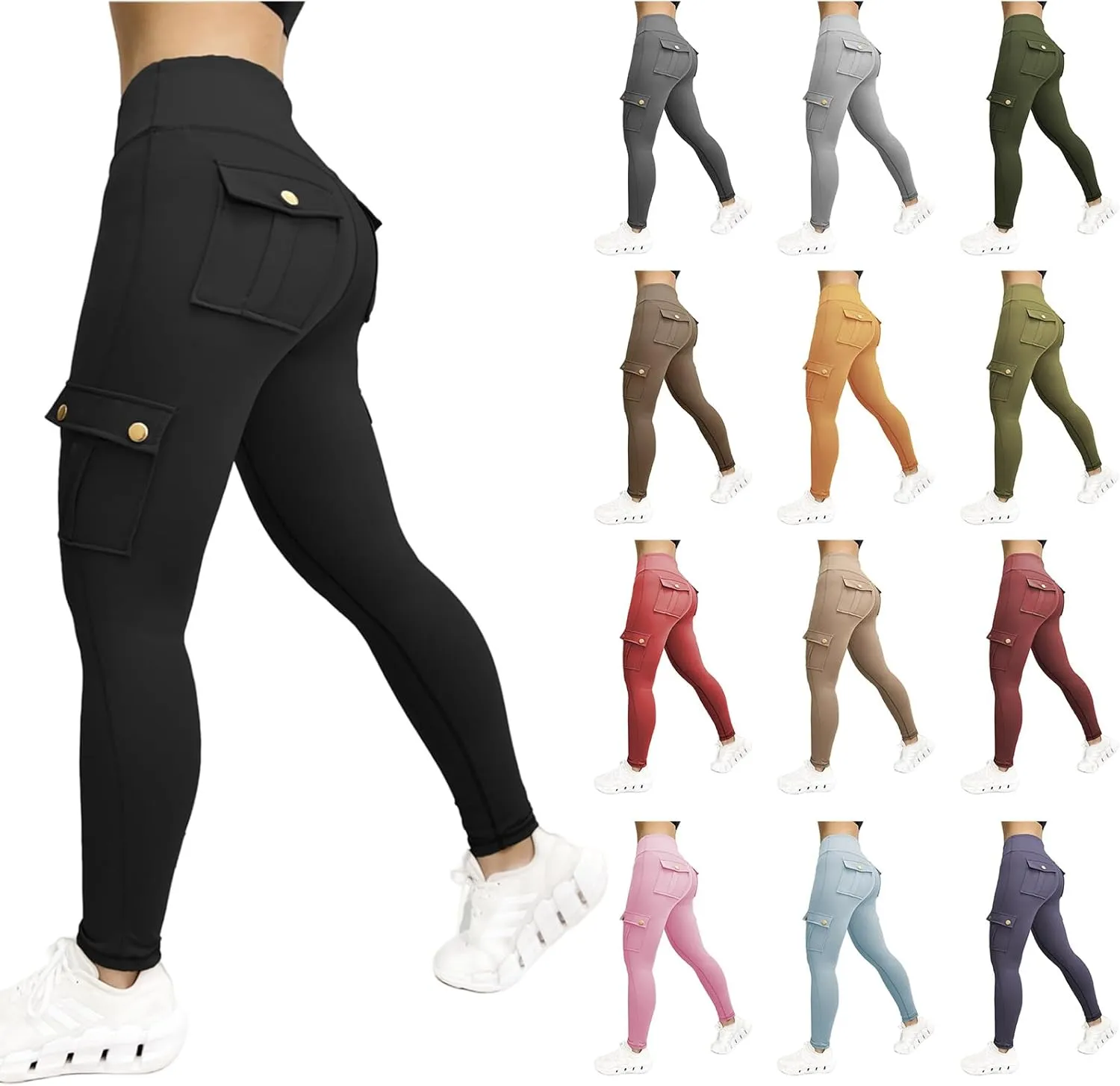 Workout Cargo Leggings for Women Scrunch Butt Lifting Leggings with Flap Pockets High Waist Tummy Control Yoga Pants