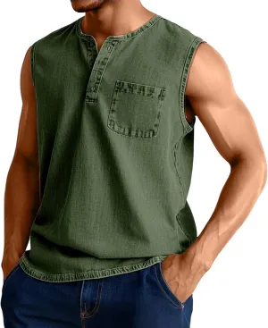 Workout Tank Tops for Men Muscle Sleeveless Henley Shirts Button Up Crewneck Shirt Vintage Hipster Tops with Pocket