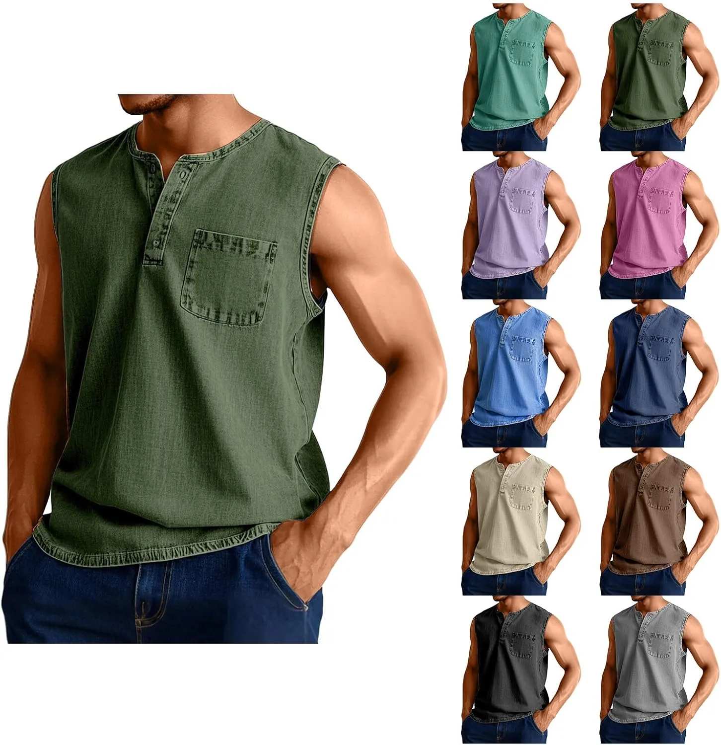 Workout Tank Tops for Men Muscle Sleeveless Henley Shirts Button Up Crewneck Shirt Vintage Hipster Tops with Pocket