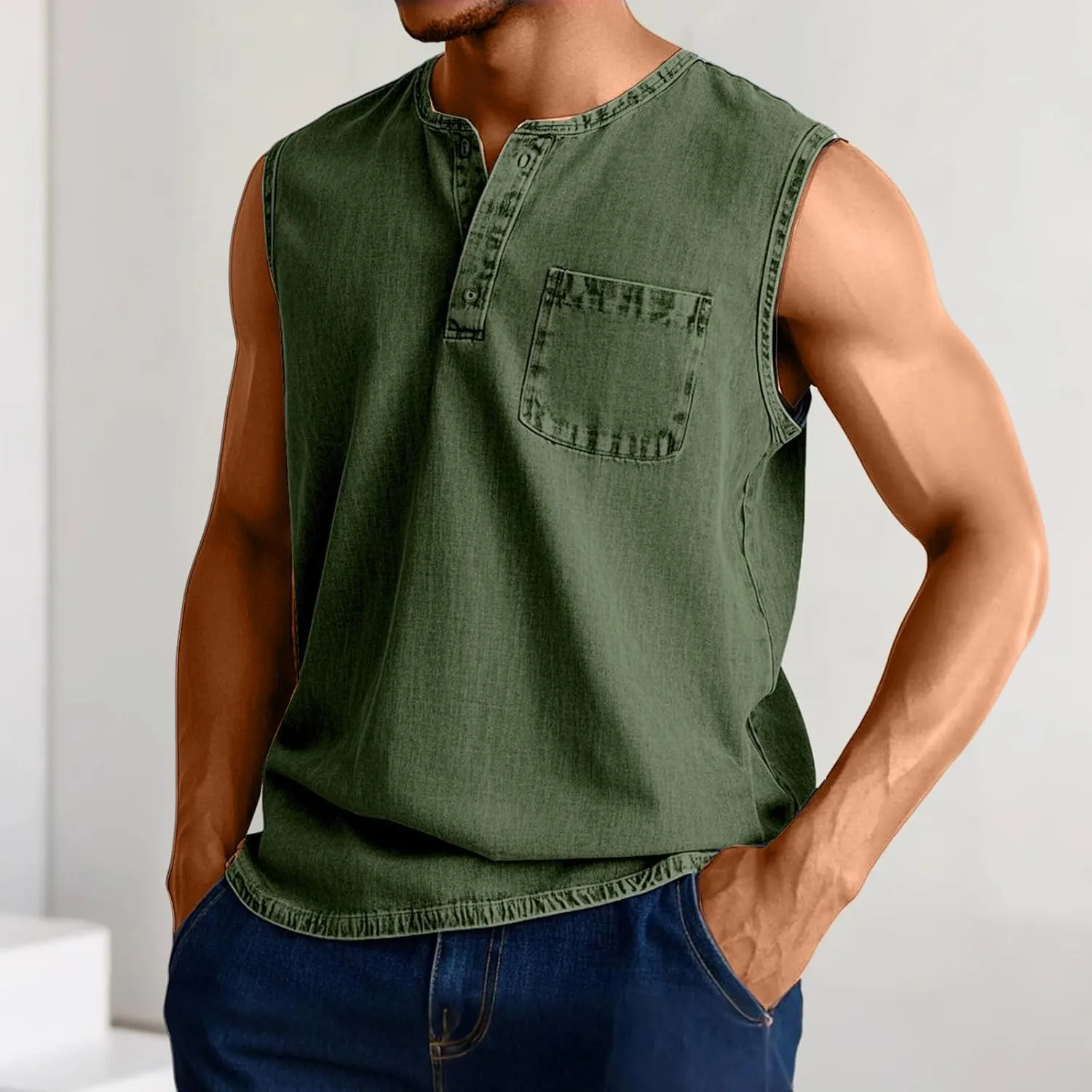Workout Tank Tops for Men Muscle Sleeveless Henley Shirts Button Up Crewneck Shirt Vintage Hipster Tops with Pocket