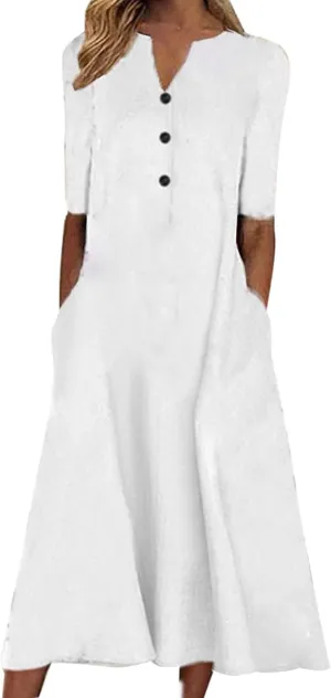 XUNRYAN 2025 Dresses Women Summer Casual Button Flowy Pleated Short Sleeve V-Neck Knee Length Midi Dress Beach Sundress