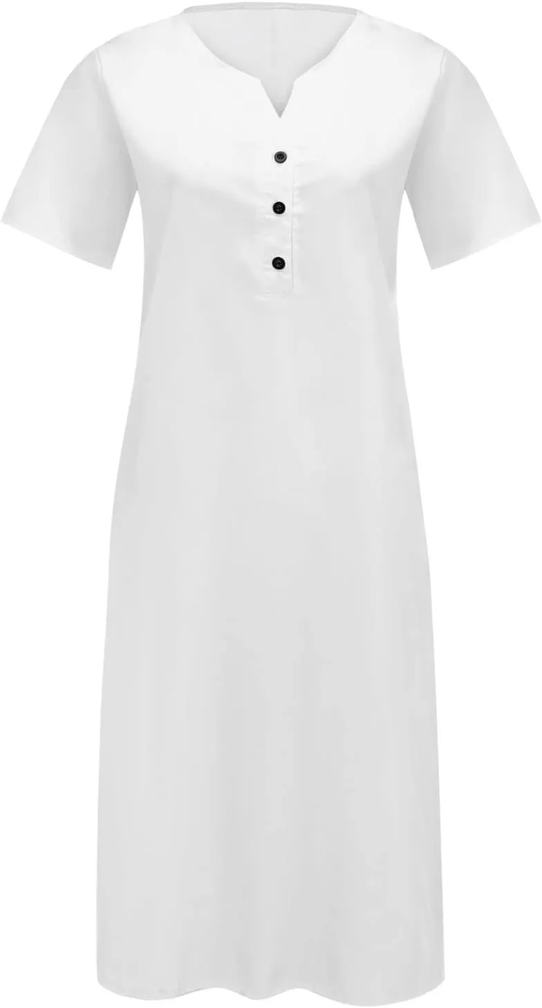 XUNRYAN 2025 Dresses Women Summer Casual Button Flowy Pleated Short Sleeve V-Neck Knee Length Midi Dress Beach Sundress