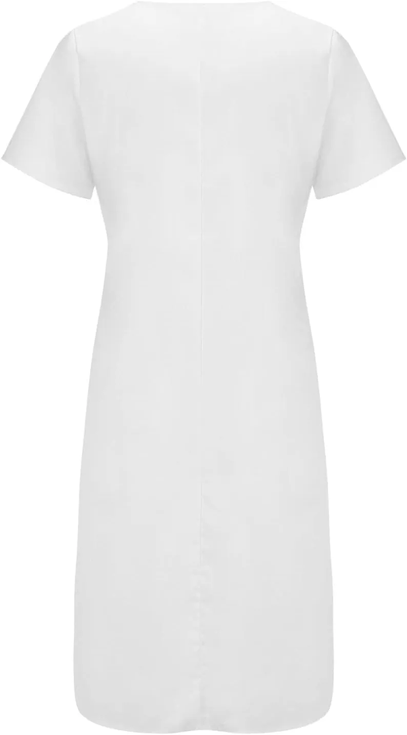 XUNRYAN 2025 Dresses Women Summer Casual Button Flowy Pleated Short Sleeve V-Neck Knee Length Midi Dress Beach Sundress