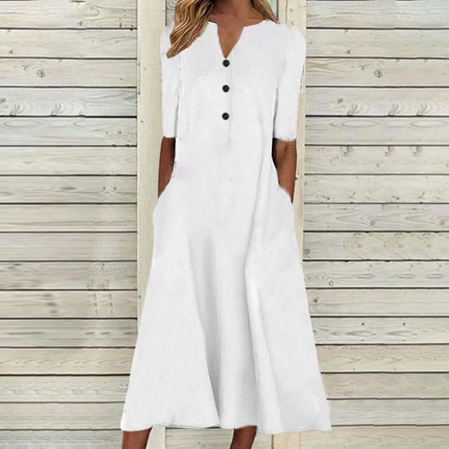 XUNRYAN 2025 Dresses Women Summer Casual Button Flowy Pleated Short Sleeve V-Neck Knee Length Midi Dress Beach Sundress
