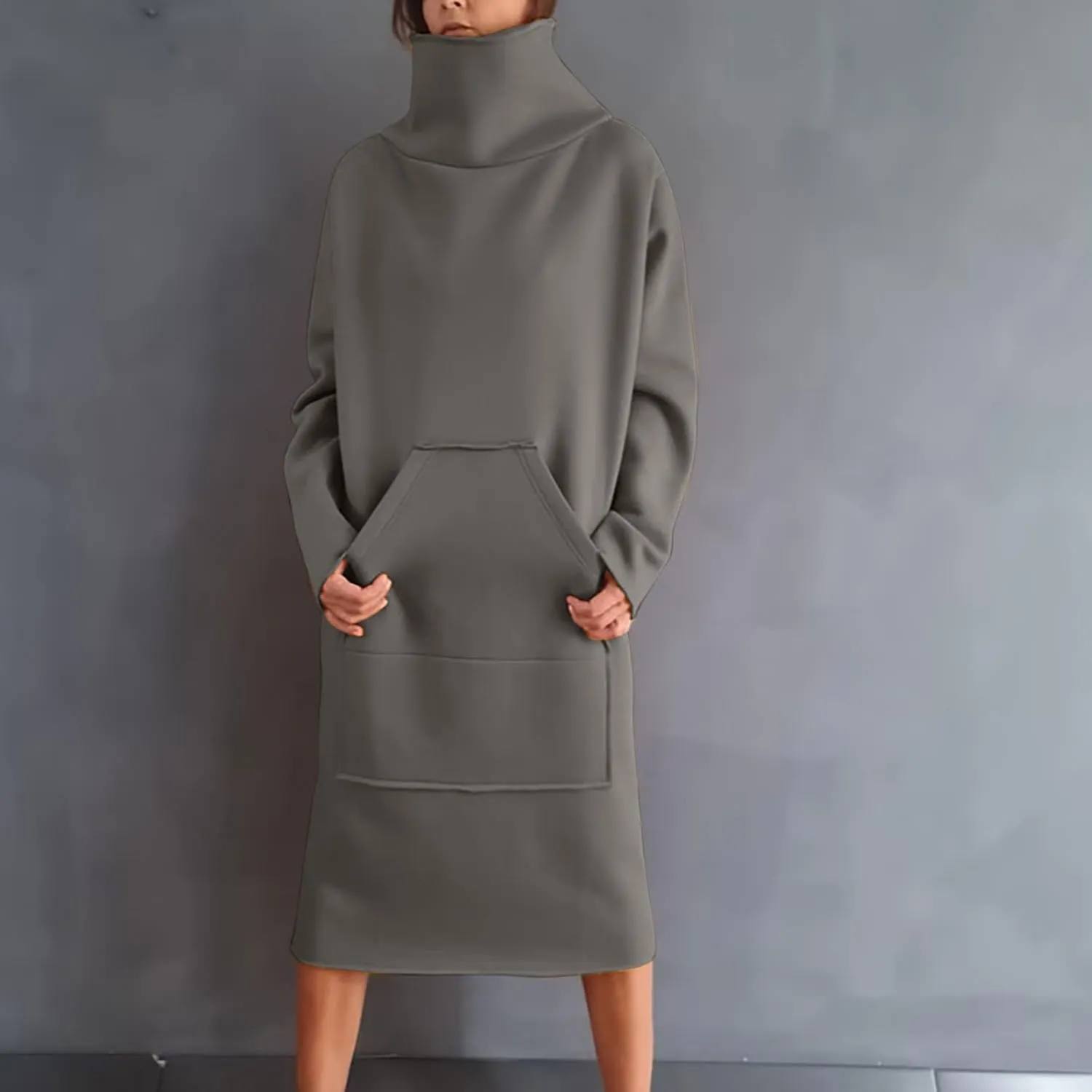 XUNRYAN Women's Hoodie Dress High Neck Fleece Hooded Dress with Kangaroo Pocket Plus Size Hoodies Sweatshirts Fashion Clothes