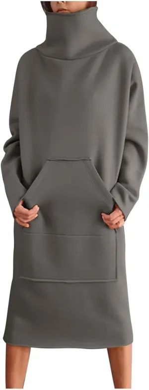 XUNRYAN Women's Hoodie Dress High Neck Fleece Hooded Dress with Kangaroo Pocket Plus Size Hoodies Sweatshirts Fashion Clothes