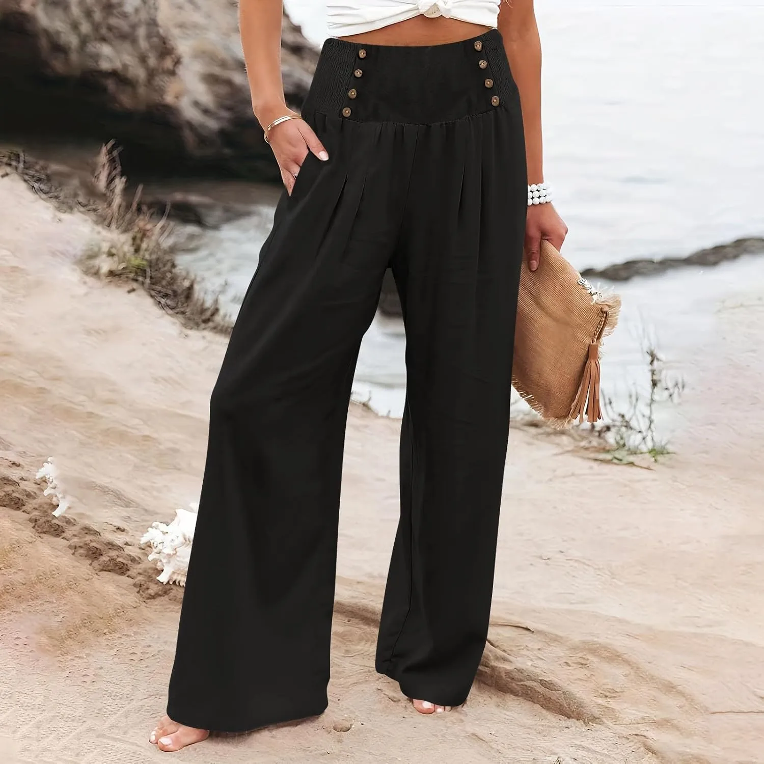 ZYXTIM Boho Pants for Women 2024 Plus Size Summer Wide Leg Smocked High Waisted Long Lounge Trousers Linen Palazzo Pants