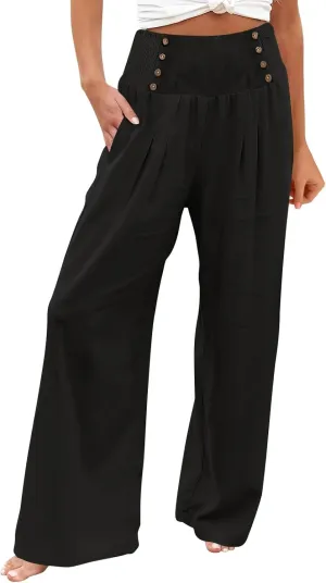 ZYXTIM Boho Pants for Women 2024 Plus Size Summer Wide Leg Smocked High Waisted Long Lounge Trousers Linen Palazzo Pants
