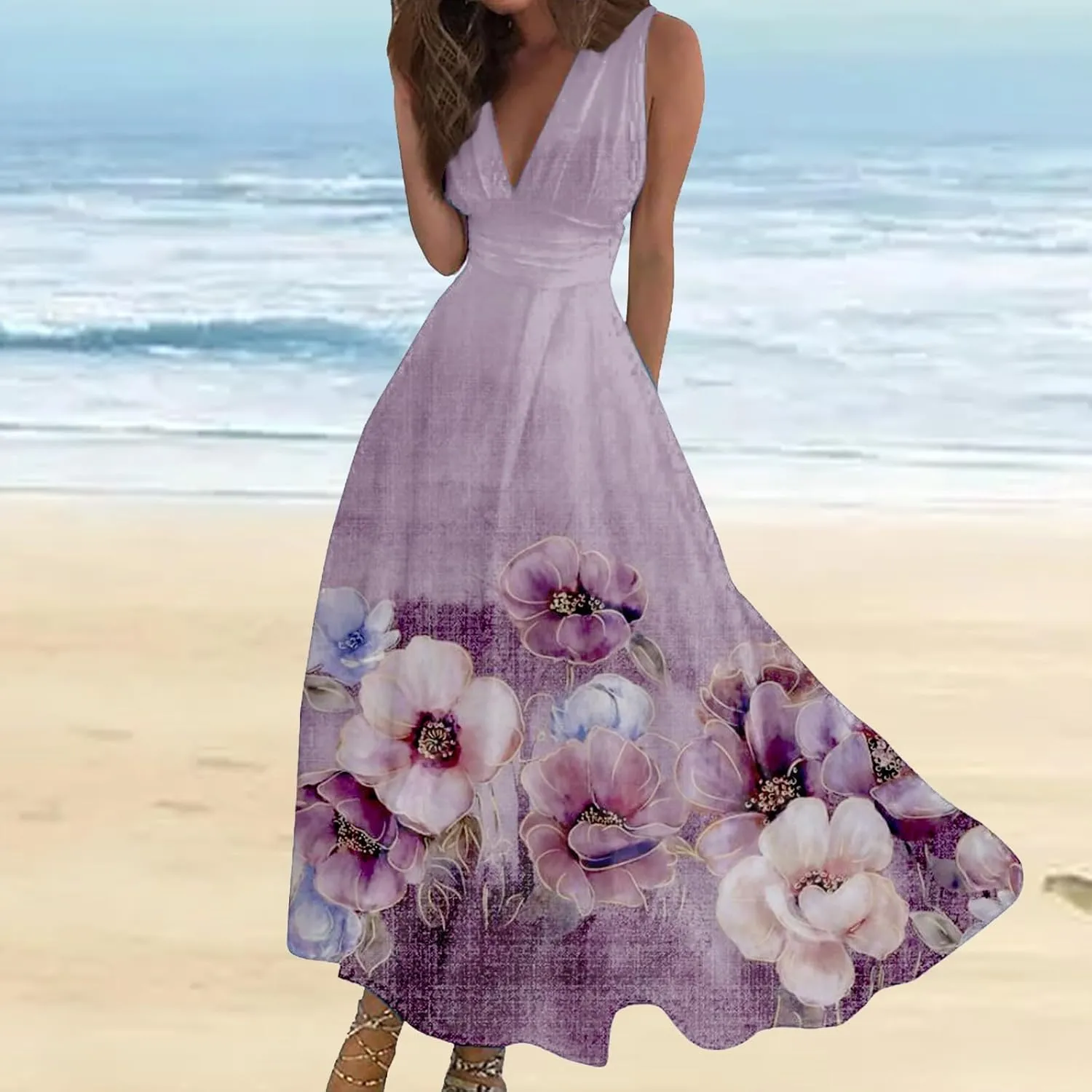 ZYXTIM Flowy Summer Dresses for Women 2024, V Neck Sleeveless Floral Maxi Dress, Casual Beach Vacation Party Cocktail Dresses