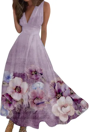 ZYXTIM Flowy Summer Dresses for Women 2024, V Neck Sleeveless Floral Maxi Dress, Casual Beach Vacation Party Cocktail Dresses