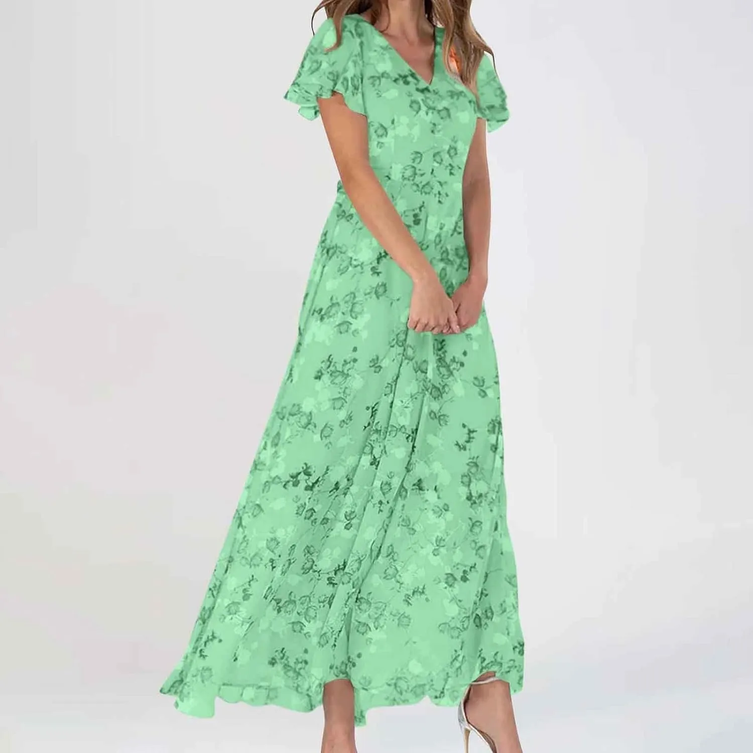 ZYXTIM Women's Summer Floral Boho Dresses Wrap V Neck Short Sleeve Ruffle A-Line Maxi Flowy Dress Pleated Hem Bohemian Outfit
