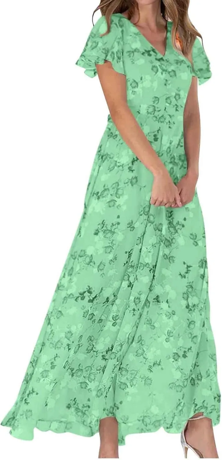 ZYXTIM Women's Summer Floral Boho Dresses Wrap V Neck Short Sleeve Ruffle A-Line Maxi Flowy Dress Pleated Hem Bohemian Outfit