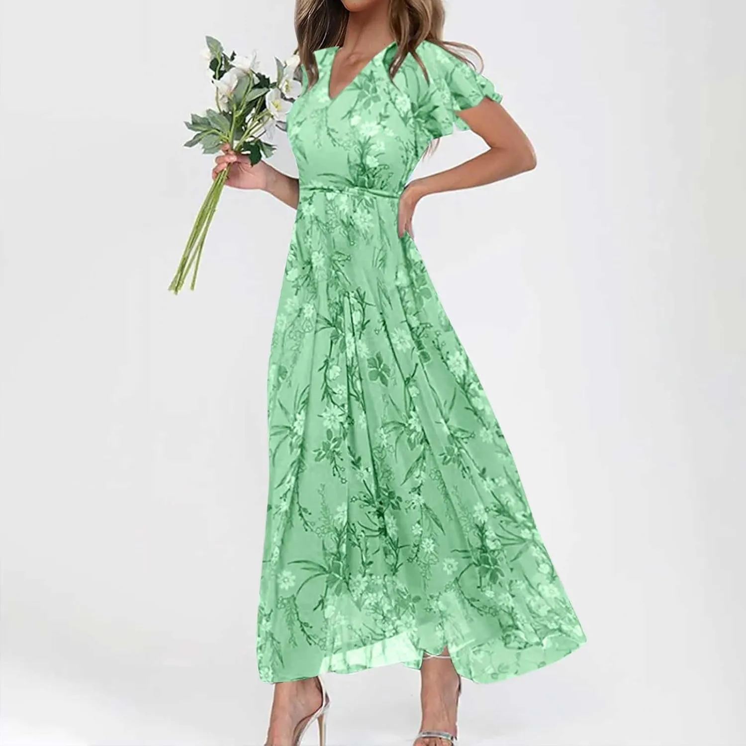ZYXTIM Women's Summer Floral Boho Dresses Wrap V Neck Short Sleeve Ruffle A-Line Maxi Flowy Dress Pleated Hem Bohemian Outfit