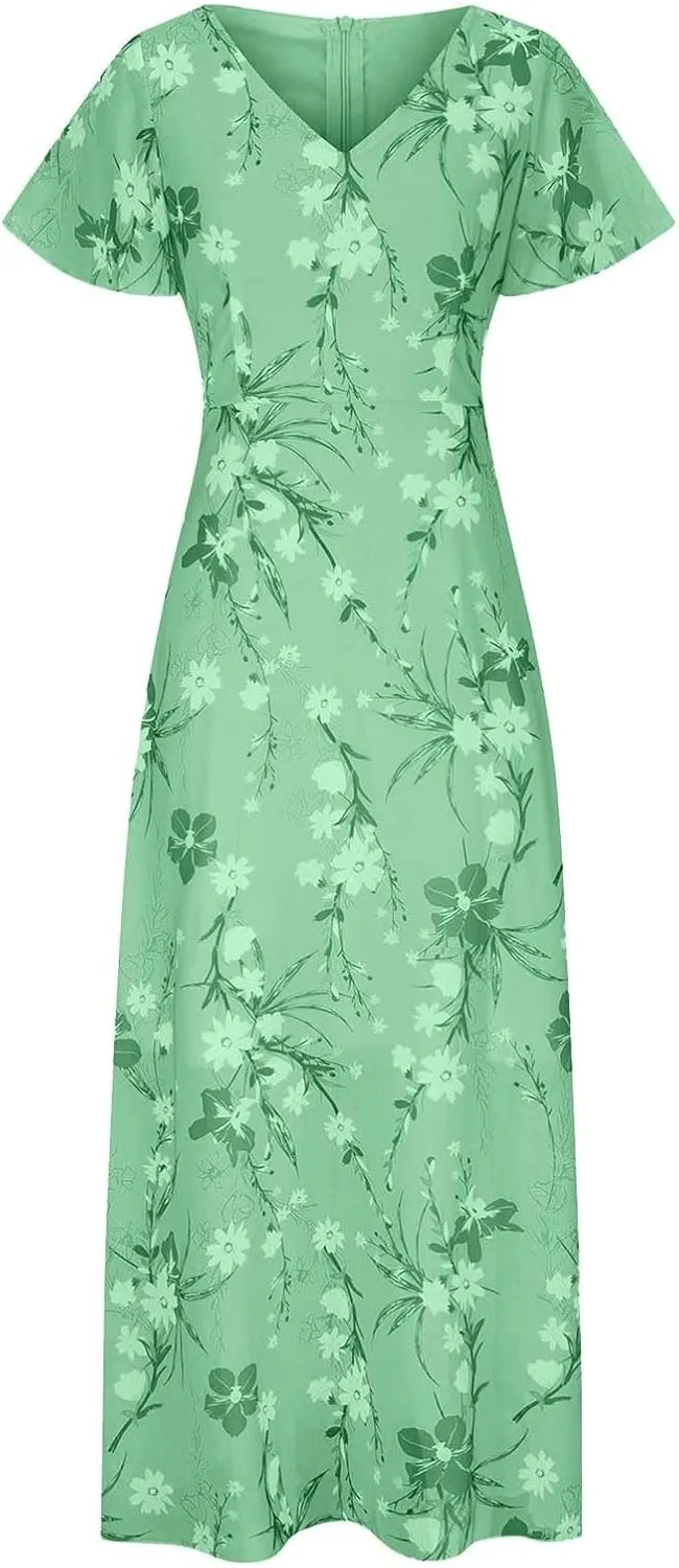 ZYXTIM Women's Summer Floral Boho Dresses Wrap V Neck Short Sleeve Ruffle A-Line Maxi Flowy Dress Pleated Hem Bohemian Outfit